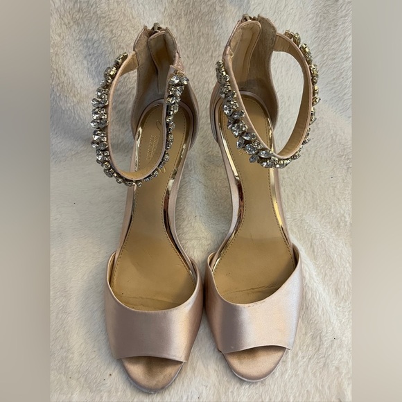Badgley Mischka Shoes - Badgley Mischka Pink Satin Heels with Rhinestone Ankle Strap